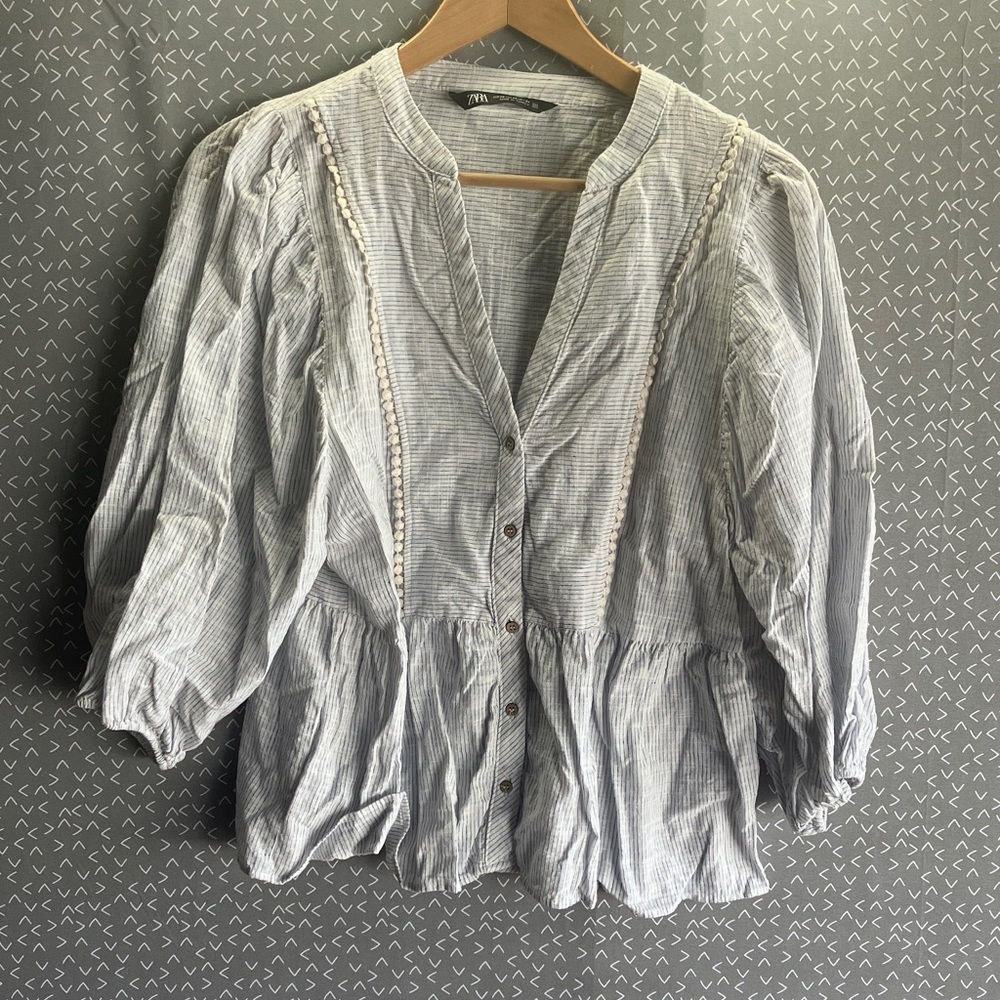 Zara Gray Striped Blouse with Button Details